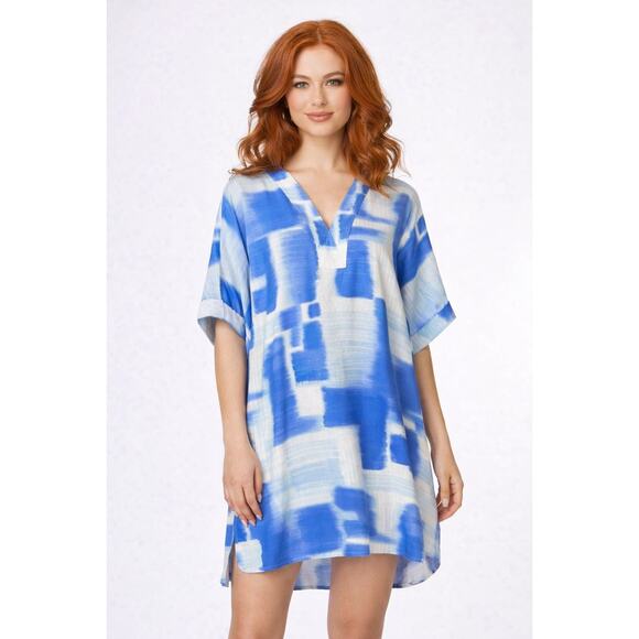 Natori Kasuri Blue White Challis Sleepshirt Loungewear Tunic Size Large - Picture 2 of 8